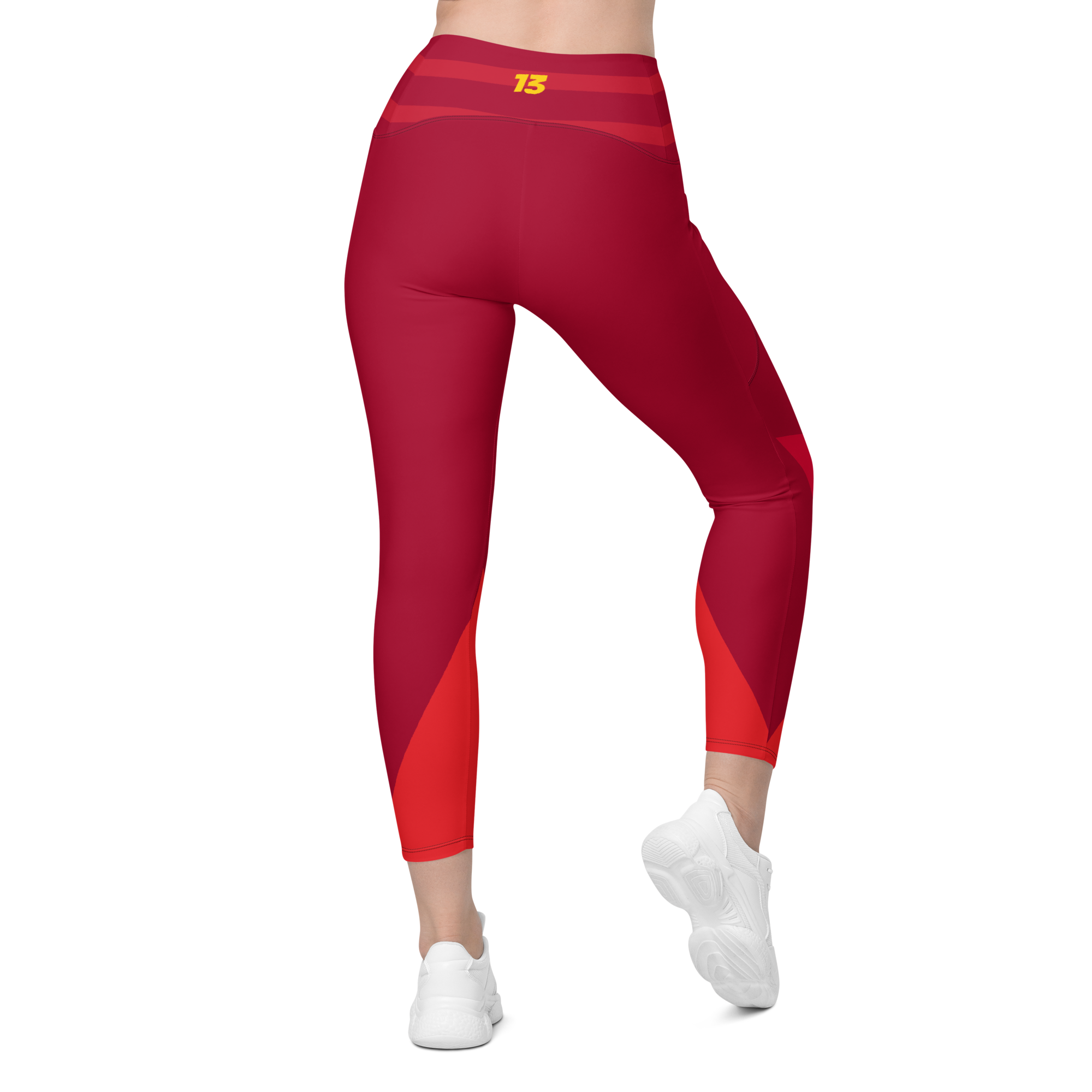 Full back view of Crimson Ride leggings displaying the reinforced high-rise waistband and durable technical seaming.