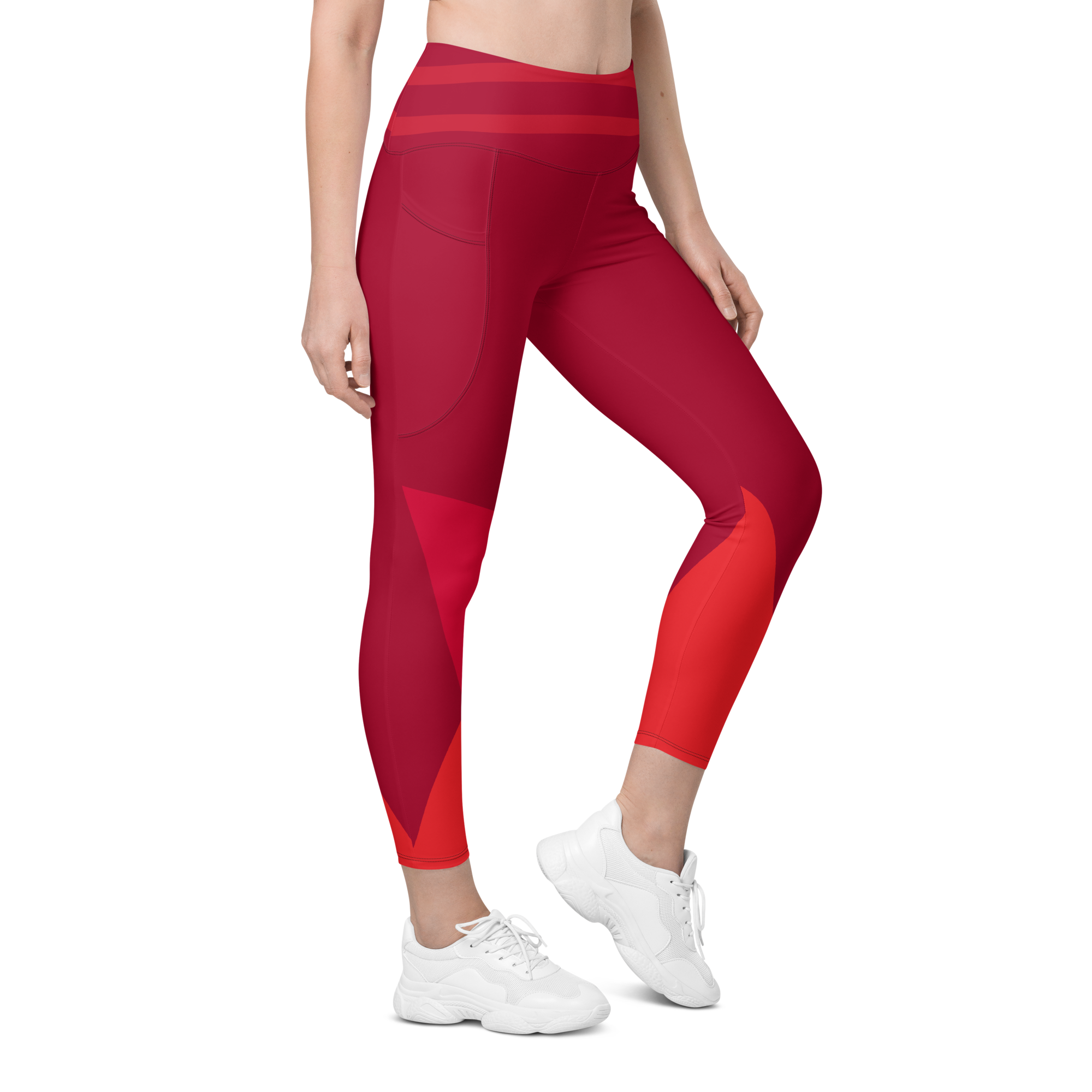 Right side front view of Crimson Ride high-performance leggings showcasing the streamlined athletic silhouette and functional side pocket.
