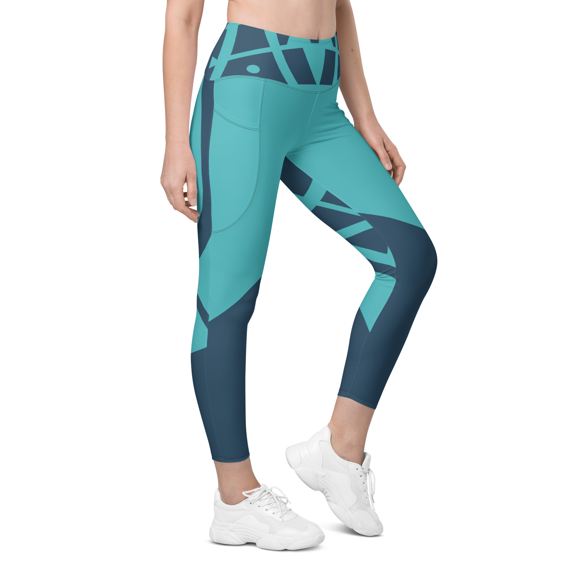 Right front profile of Persistent 13 Electric Reef Leggings highlighting the secure high-waist fit and vivid saturation.