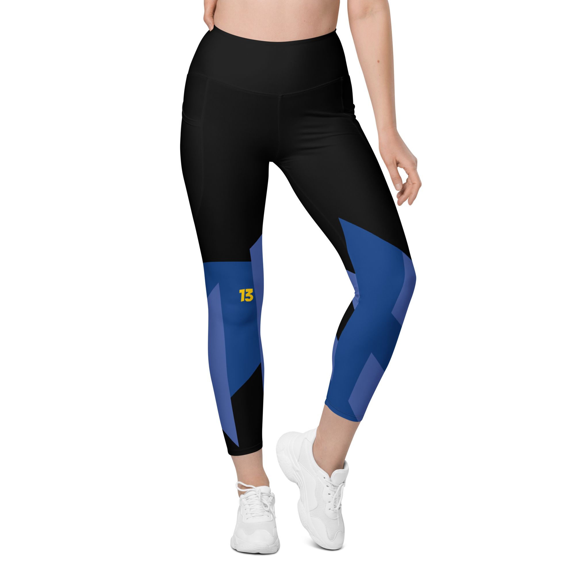 Full front side profile of Fragmented Blue leggings highlighting the integrated utility pocket and signature '13' hallmark branding.