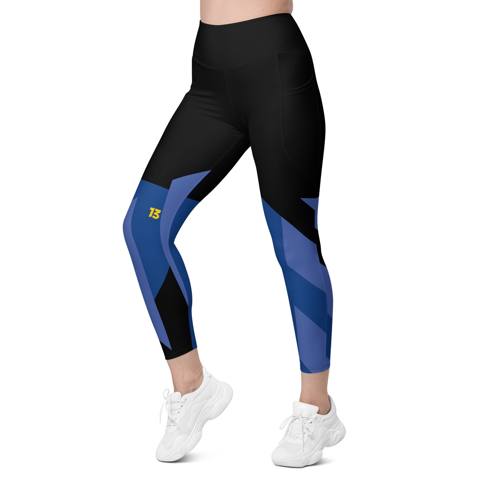 Left side front profile of Fragmented Blue leggings highlighting the integrated utility pocket and signature '13' hallmark branding.