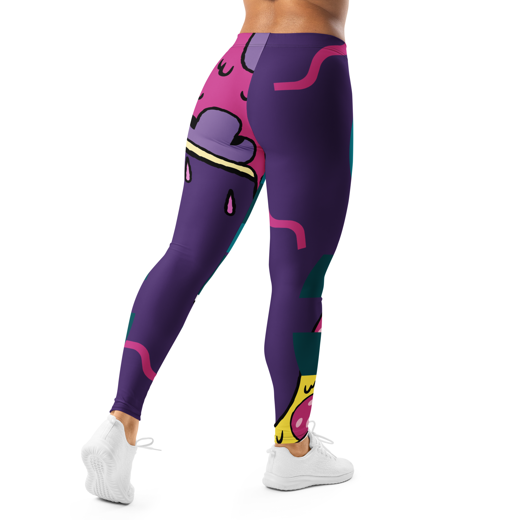 High-waisted elastic waistband on Graffiti Glitch leggings showing the hand-sewn finish and premium fabric texture.