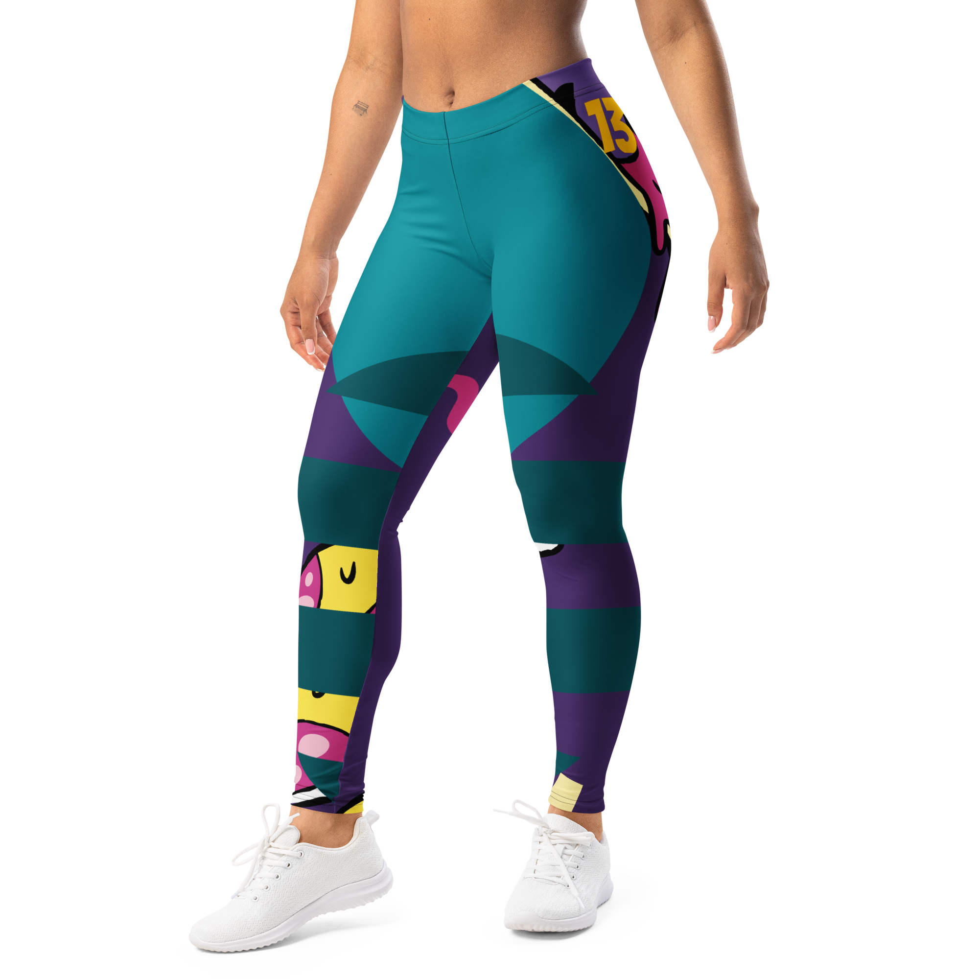 Persistent 13 Graffiti Glitch Leggings featuring high-waisted recycled fabric and black-white digital street-art print.