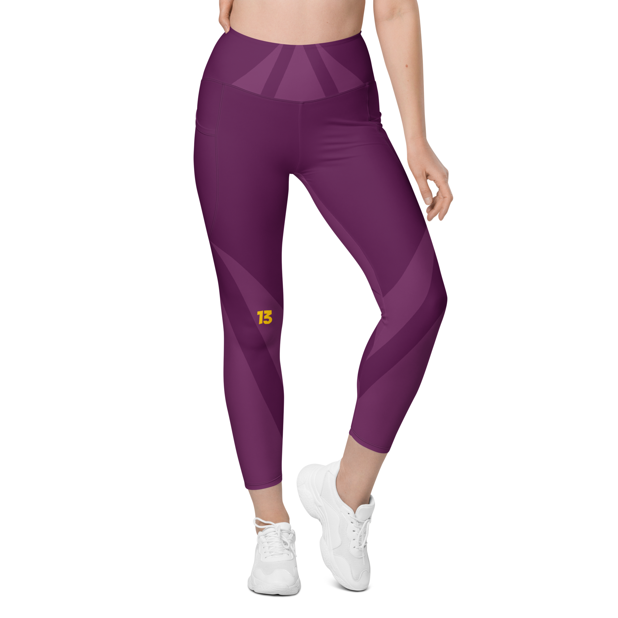 Full front side profile of Maroon Haze leggings highlighting the integrated utility pocket and signature '13' hallmark branding.