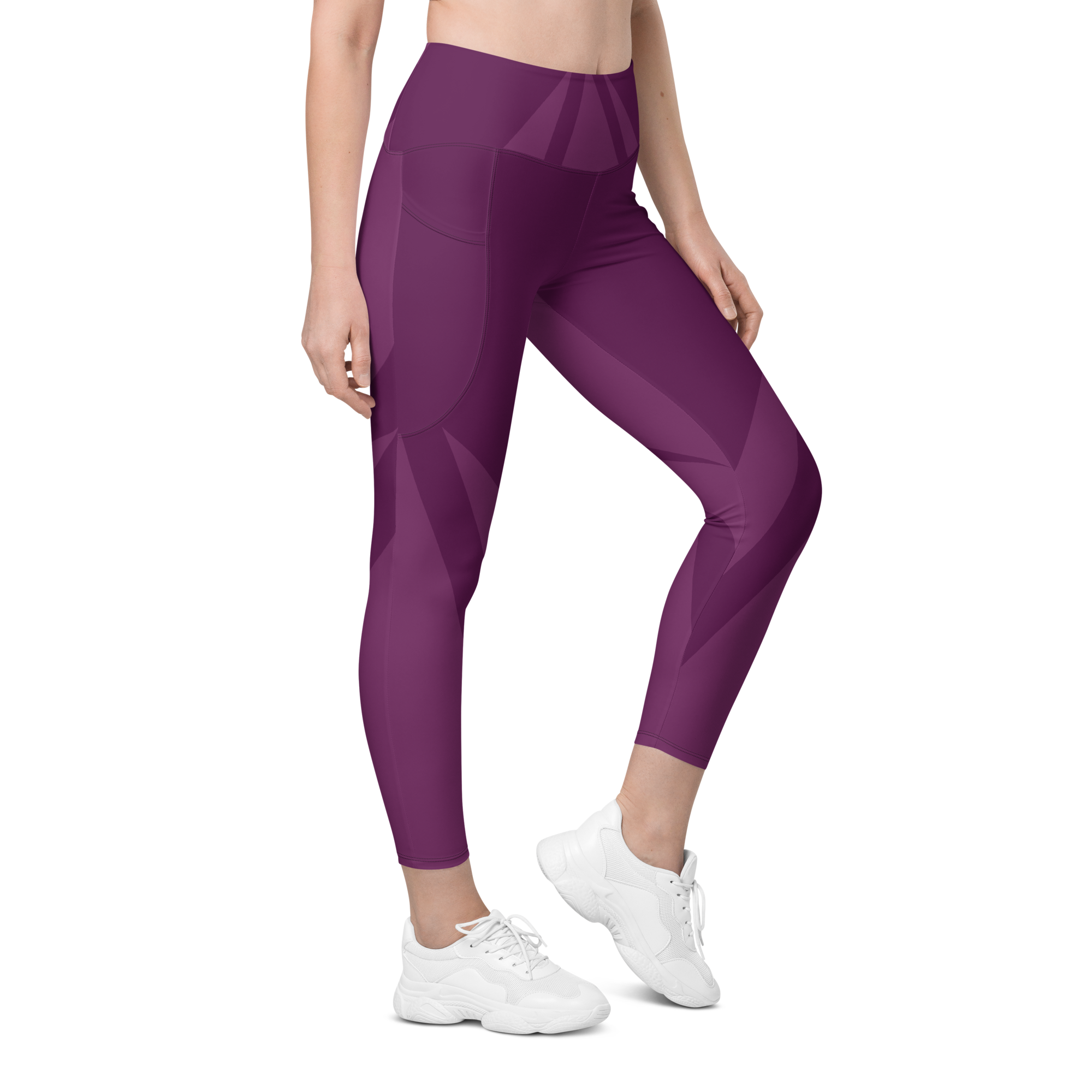 Right side front profile of Maroon Haze leggings highlighting the integrated utility pocket and signature '13' hallmark branding.