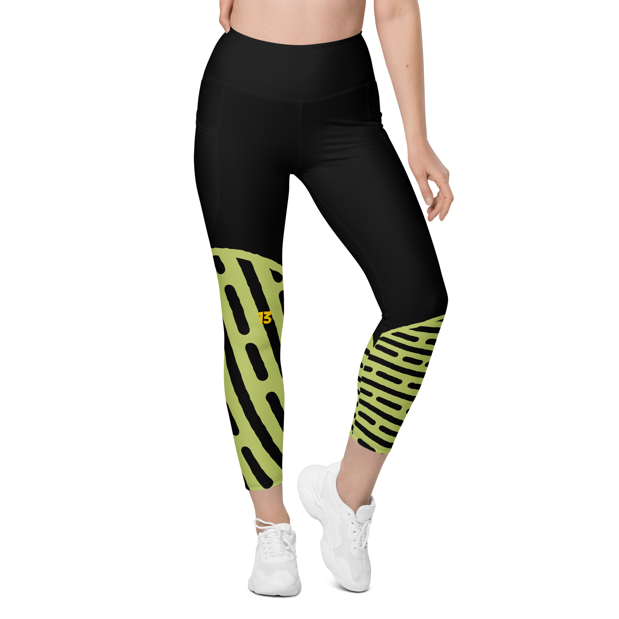 Front view of Persistent 13 Neon Walk pocket leggings featuring a high-waisted compression fit and vibrant neon-accented digital print.