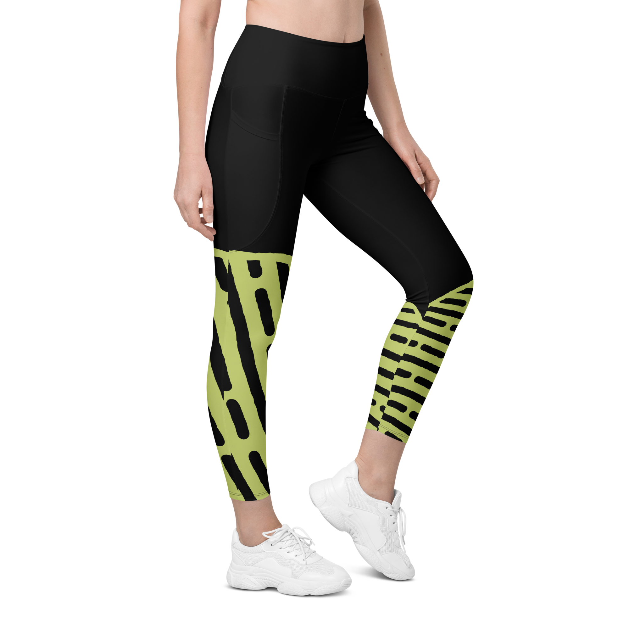 Right side view of Neon Walk high-performance leggings showcasing the streamlined pockets and athletic silhouette.