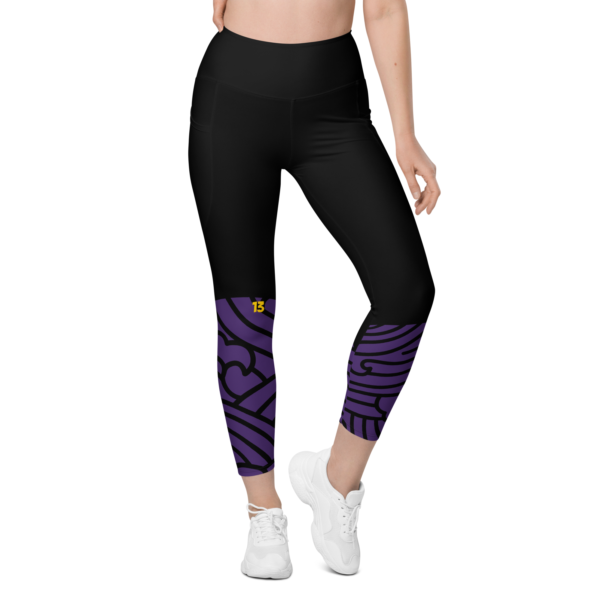 Front view of Persistent 13 Violet Vortex pocket leggings featuring a high-waisted compression fit and vibrant purple abstract motif.