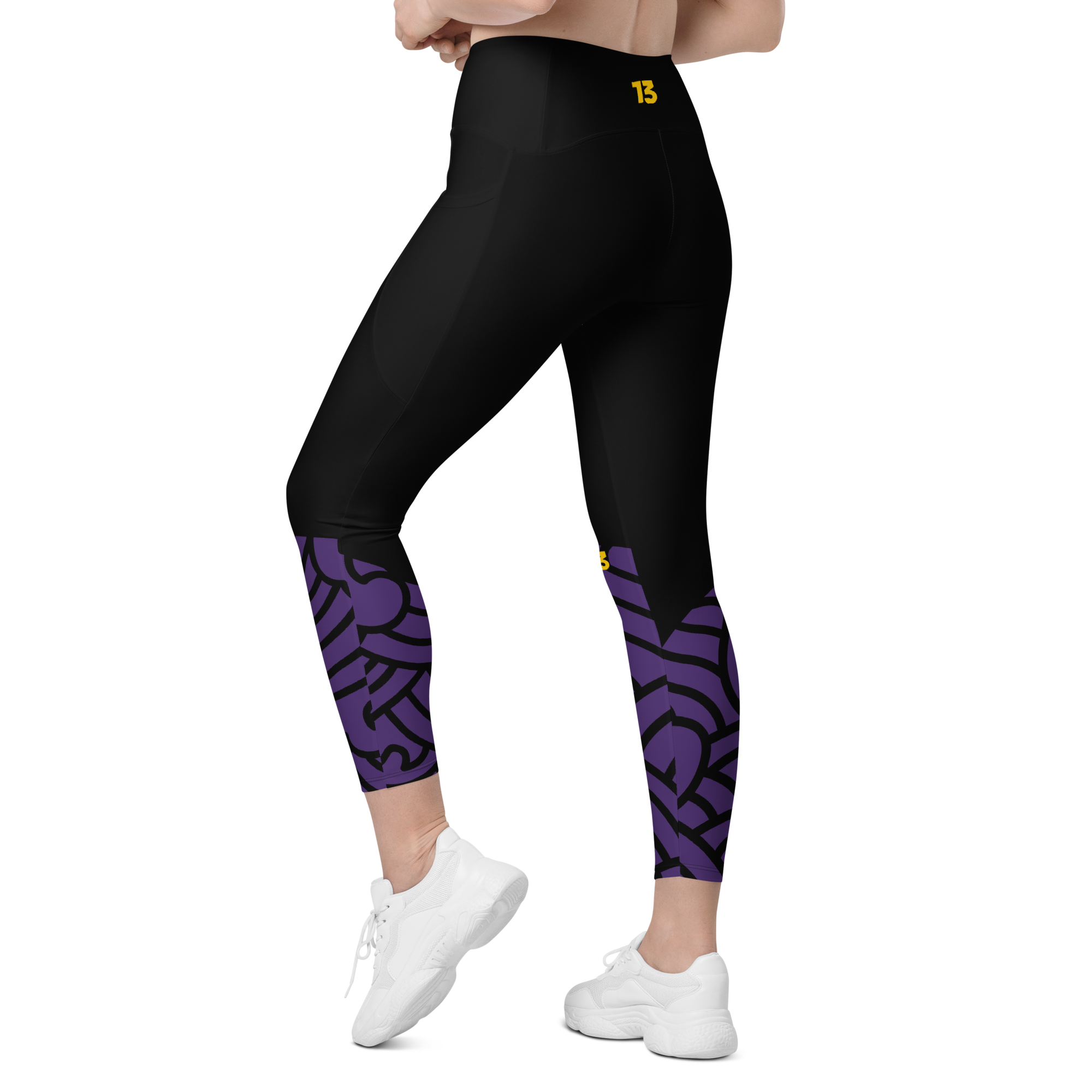 Front view of Persistent 13 Violet Vortex pocket leggings featuring a high-waisted compression fit and vibrant purple abstract motif.