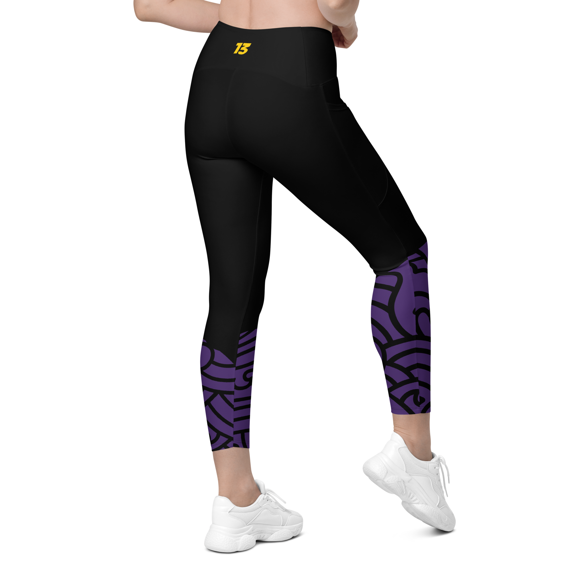 Right side back view of Violet Vortex high-performance leggings showcasing the streamlined athletic silhouette.