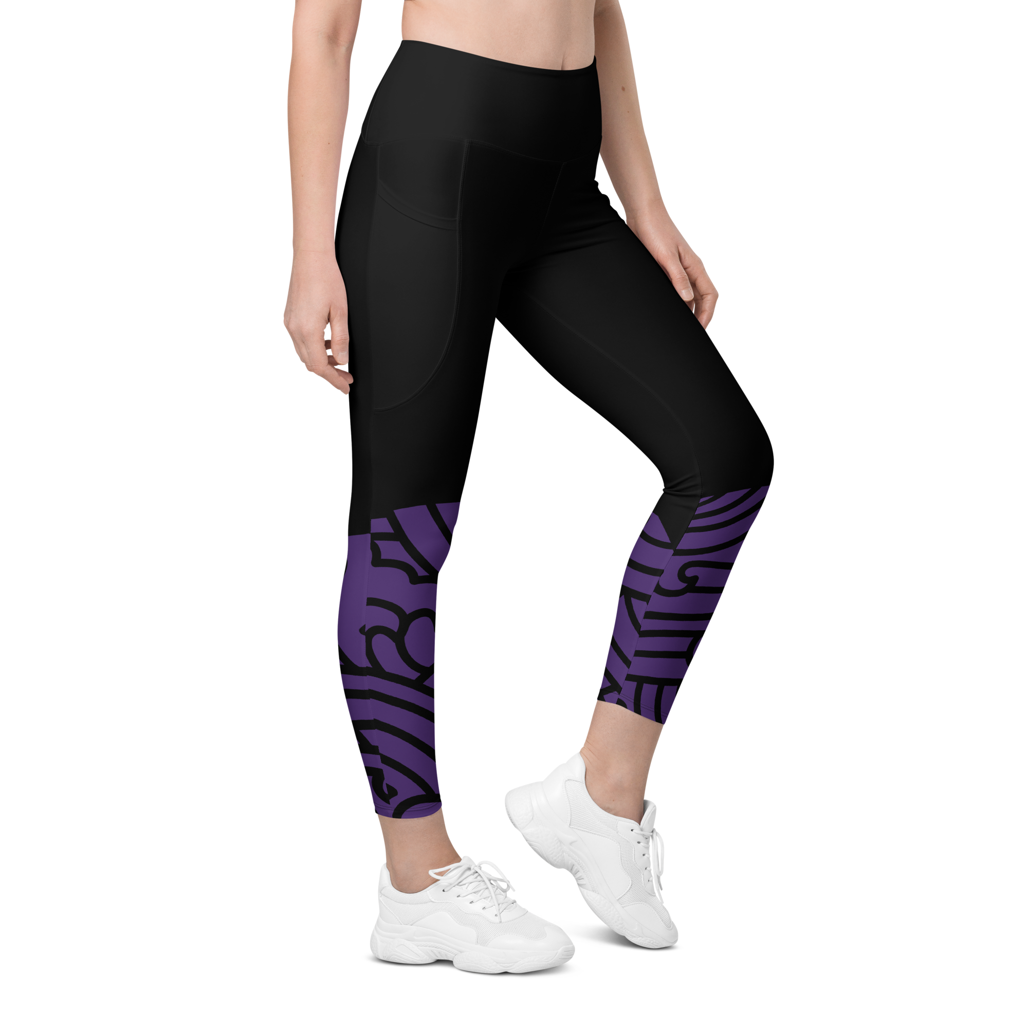 Professional model standing in Violet Vortex leggings demonstrating the 4-way stretch fit and color depth.